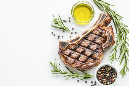 A grilled T-bone steak is placed on a white background with fresh rosemary, salt, and pepper, leaving space for text, ideal for restaurant menus or advertisements.の写真素材