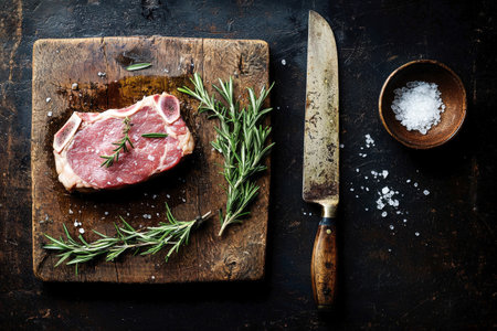 A raw T-bone steak sits on a rustic wooden cutting board with fresh rosemary, sea salt, and a vintage knife, highlighting traditional Italian steak preparation.の写真素材