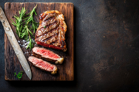 A grilled Bistecca alla Fiorentina is sliced and placed on a rustic wooden board, accompanied by fresh rosemary and coarse salt, emphasizing a classic Italian steak dish.の写真素材