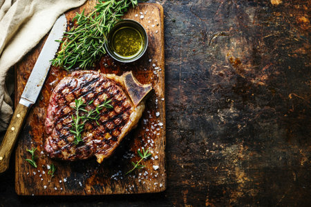 A perfectly grilled T-bone steak sits on a rustic wooden board, garnished with fresh rosemary and coarse salt, alongside a cup of olive oil, capturing the essence of Tuscan cuisine.の写真素材