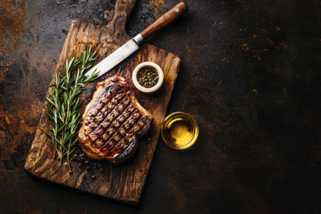A grilled T-bone steak sits on a rustic cutting board, accompanied by fresh rosemary, olive oil, and black pepper, showcasing traditional Italian flavors and steak preparation.の写真素材