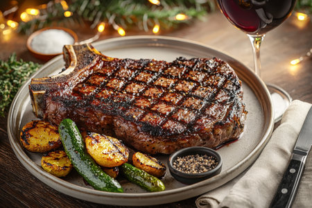 A perfectly grilled T-bone steak served with charred vegetables, black pepper, and coarse salt, set against warm festive lighting, evoking a rich dining experience.の写真素材