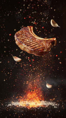 A fire-grilled T-bone steak hovers over glowing embers, with garlic cloves, black pepper, and salt crystals suspended mid-air, evoking bold Italian flavors.の写真素材