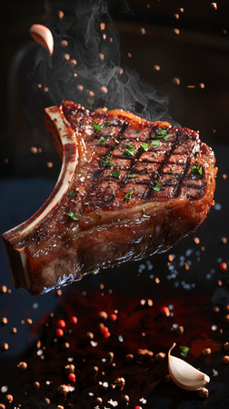 A perfectly grilled T-bone steak floating mid-air, coated with salt and pepper, garnished with fresh herbs, garlic, and surrounded by smoky embers.の写真素材