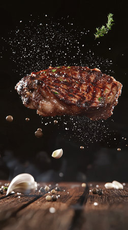 A grilled T-bone steak levitates above a rustic wooden table, sprinkled with coarse salt, black pepper, garlic cloves, and fresh rosemary.の写真素材
