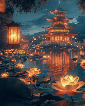 A majestic pagoda illuminated by lanterns, reflecting on a serene lotus pond under a starlit sky during Vesak festivitiesの写真素材
