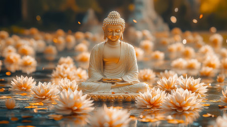 A serene Buddha statue in a tranquil environment, surrounded by floating white lotus flowers, symbolizing purity and enlightenment during Vesak.の写真素材