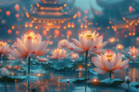 Majestic lotus flowers glowing on a tranquil pond, with a temple in the background. Perfect composition for Vesak celebrations. Space for overlay textの写真素材