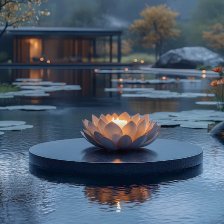 A glowing candle in a lotus centerpiece floats on a still pond, with a modern architectural backdrop, symbolizing tranquility and Vesak's spiritual harmonyの写真素材