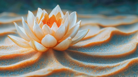A serene lotus flower amidst rippled golden sand, reflecting light and embodying Vesak's spiritual and tranquil essenceの写真素材