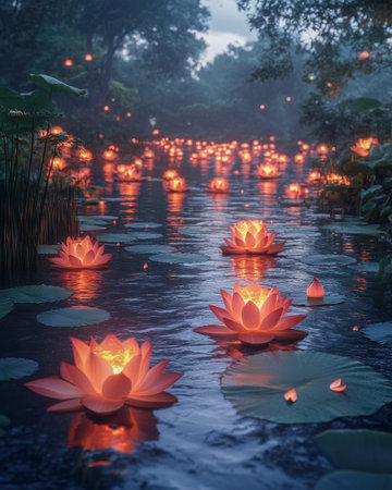 A river illuminated by glowing lotus lanterns during Vesak, surrounded by lush greenery in a tranquil, sacred setting. Foreground space available for textの写真素材