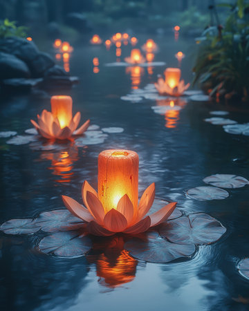 Candle-lit lotus lanterns floating on calm water, creating a serene atmosphere during a twilight Vesak celebration. Text space available in the foregroundの写真素材