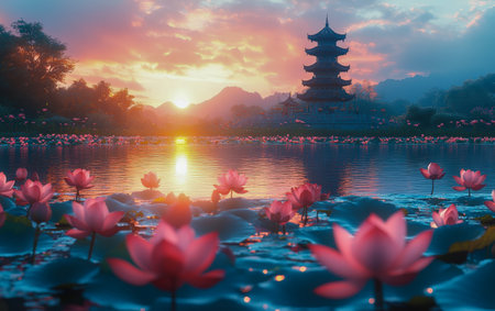 A majestic pagoda reflecting on a peaceful lotus pond during sunrise, embodying Vesak's spiritual significance. Space for text available in the sky and water.の写真素材