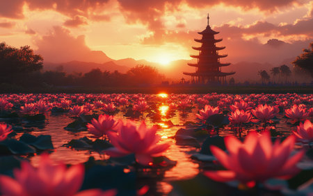A majestic pagoda surrounded by blooming pink lotus flowers, reflecting the soft hues of sunrise in a serene water setting, symbolizing Vesak's spirituality. Space for text available.の写真素材
