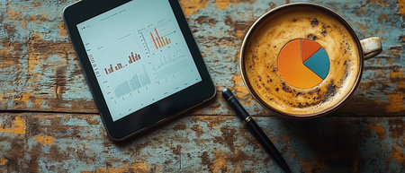 A tablet showing business charts next to a coffee cup, placed on a weathered wooden table. Represents analytics and workspace concepts. Ample space for text.の素材