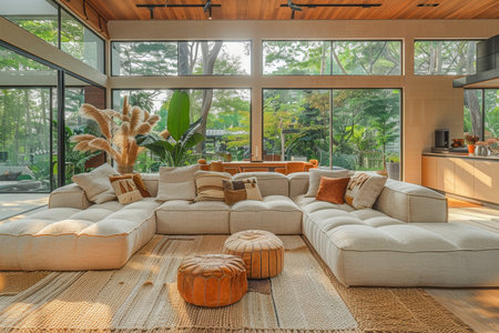 A modern boho living room with a neutral-tone sectional sofa, earthy decor, and lush greenery visible through large windows. Space for text in the sky area.の素材