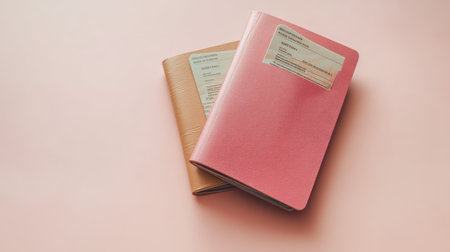 Two elegant passport books, one pink and one brown, displayed on a soft pink background, representing travel and identity. Space for textの素材