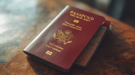 A vibrant red passport with travel documents, resting on a textured map background, evoking themes of global travel and explorationの素材