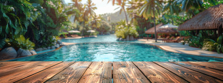 A wooden deck overlooking a luxurious tropical pool, surrounded by lush palm trees and exotic plants. A serene and inviting summer vacation scene. Space for text on wooden planks.の素材