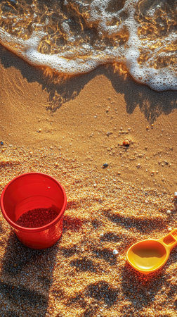 A red beach bucket and yellow shovel sit on textured sand near foamy ocean waves, bathed in golden sunrise light, creating a peaceful vacation scene.の素材