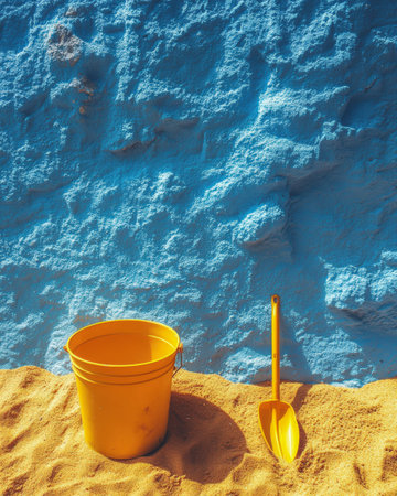 Yellow beach bucket and shovel against a textured blue wallの素材