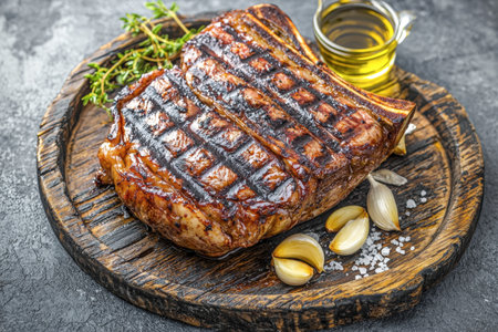 A juicy, flame-grilled tomahawk Bistecca alla Fiorentina with garlic cloves, coarse salt, and olive oil, served on a rustic wooden board, perfect for Italian steakhouse concepts.の写真素材