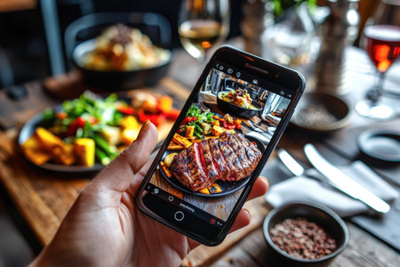 A person capturing a perfectly grilled Bistecca alla Fiorentina with a smartphone, highlighting Italian steakhouse dining in a rustic restaurant setting with delicious side dishes.の写真素材