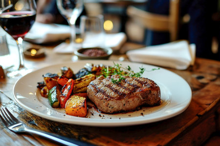 Juicy Bistecca alla Fiorentina served with roasted vegetables and red wine on a rustic wooden table, capturing an authentic Italian steakhouse dining experience.の写真素材