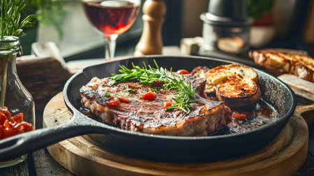 A perfectly grilled Bistecca alla Fiorentina with fresh rosemary, cherry tomatoes, and toasted bread, served in a cast iron skillet with red wine, capturing an Italian steakhouse dining experience.の写真素材