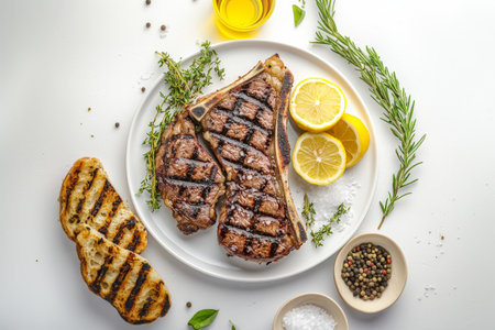 A beautifully grilled Bistecca alla Fiorentina served on a white plate with fresh lemon slices, rosemary, and toasted bread, highlighting the flavors of traditional Italian cuisine.の写真素材
