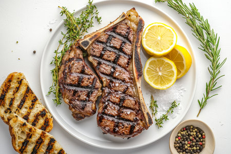 A beautifully grilled Bistecca alla Fiorentina on a white plate with fresh lemon slices, rosemary, sea salt, and grilled bread, capturing the authentic flavors of Tuscany.の写真素材
