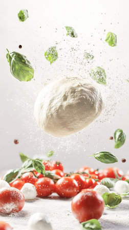 Levitating pizza dough with fresh basil and ingredients.の素材