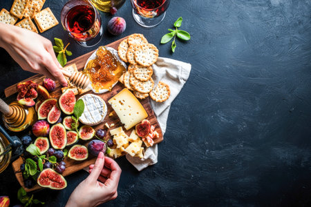 Luxurious cheese and fig platter with honey and red wine.の素材