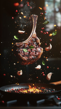 Juicy Bistecca alla Fiorentina steak grilled to perfection, surrounded by flying spices, garlic, and fire, creating a dynamic and flavorful Italian food concept.の写真素材