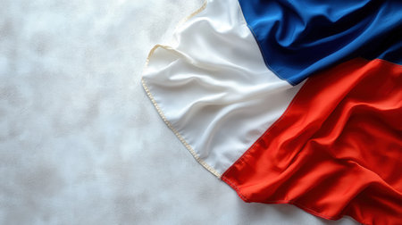 Draped French flag with red, white, and blue on a neutral backgroundの素材