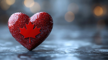 Red heart with a leaf on bokeh background. 3d illustrationの写真素材