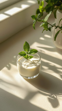 A glass jar filled with creamy yogurt, topped with fresh mint leaves, placed near a window with natural light and plant shadows. A representation of probiotic-rich dairy for gut health.の素材