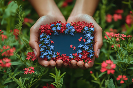A pair of hands holding a small navy blue frame decorated with red and blue flowers and star confetti, symbolizing patriotism and celebration.の素材