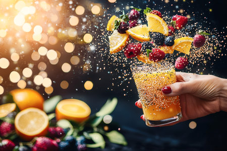 A vibrant glass of citrus juice infused with fresh berries and chia seeds, with a festive floating effect and sparkling background, representing health and celebration.の素材