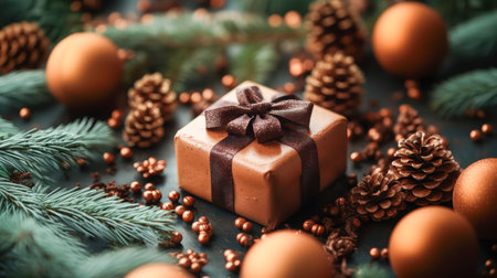 A luxurious chocolate gift box wrapped in a satin ribbon, placed among pinecones, ornaments, and festive holiday decorations, creating a warm and cozy ambiance.の写真素材
