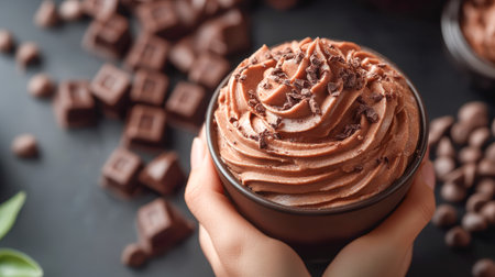 A bowl of silky chocolate mousse topped with dark chocolate shavings, held by hands, surrounded by...