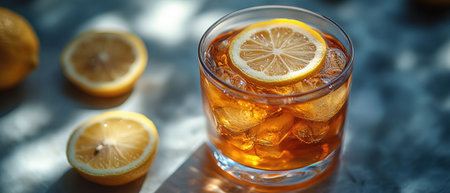 A glass of iced tea with ice cubes and a lemon slice, placed on a textured blue surface with fresh lemons in the background. A hydrating and gut-friendly probiotic drink.の素材