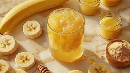 A glass of probiotic banana-infused drink with honey, surrounded by fresh banana slices, showcasing a gut-healthy prebiotic beverage.の素材