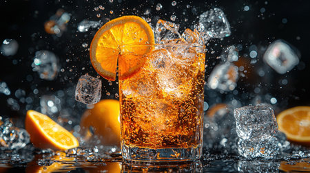 A vibrant Aperol Spritz cocktail in a glass with ice cubes and an orange slice, surrounded by floating ice and bubbles against a dark background, creating a dynamic and refreshing look.の素材