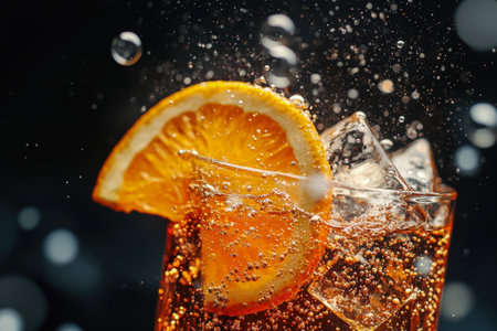 Close-up of a refreshing Aperol Spritz cocktail with orange slices and ice cubes, capturing sparkling bubbles and a bokeh background for an elegant, vibrant drink scene.の素材