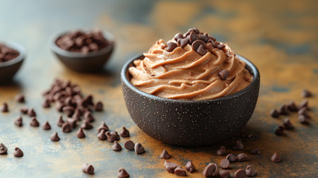 A decadent bowl of chocolate mousse topped with dark chocolate chips, surrounded by scattered chocolate pieces. A gourmet dessert perfect for food advertising and branding.の素材