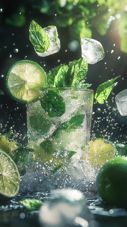 Mojito cocktail with lime slices, fresh mint, and ice, splashing water in a vivid and refreshing scene.の写真素材