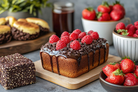 Close-up of a moist vegan chocolate cake topped with raspberries and dark chocolate chips. Surrounded by strawberries and sweet treats.の素材