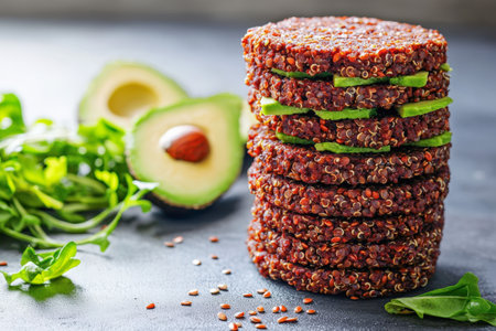 Vertical stack of healthy vegan quinoa seed patties layered with avocado slices, served with leafy greens and flax seeds on dark background. Wellness Food concept. Rich in Omega-3 concept.の素材
