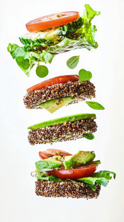 Creative floating composition of a vegan burger with flaxseed buns, tomato, cucumber, avocado and lettuce on white background. Wellness Food concept. Rich in Omega-3 concept.の素材